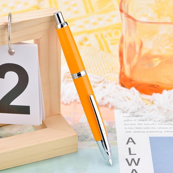 Jinhao 10 Press Fountain Pen with Box, Orange Retractable Fine Nib with Converter Set (Silver Clip)