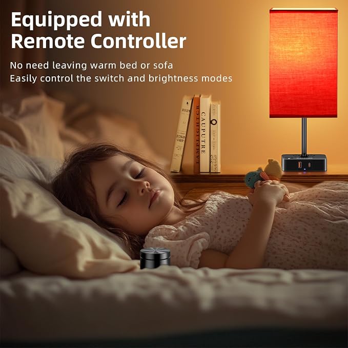 cozoo Bedside Table Lamp for Bedroom, 3 Way Dimmable & Remote Control Stepless Dimming Touch Nightstand Lamp, 2 USB Ports and 2 AC Outlets, Small Desk Light for Living Room, Bed, Study, Red
