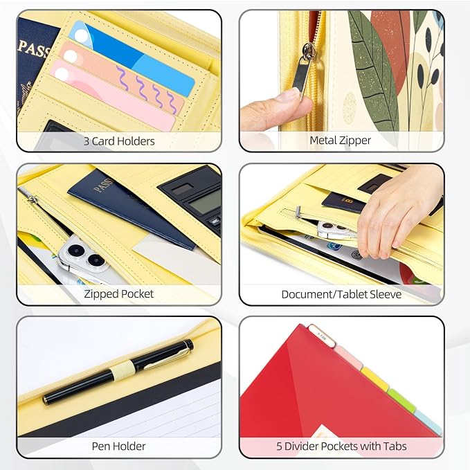 Ospelelf Vintage Leather Portfolio Binder 3 Ring, Zippered Clipboard Folder with Storage - 5 Dividers with Pocket, Padfolio for Women,12.1” Tablet Sleeve, Refillable Notepad, Card Slot