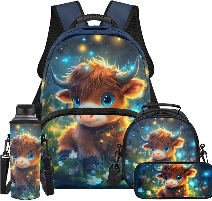 Ystardream Elementary School Backpack for Girls Lovely Highland Cow Backpack and Lunch Box Set for Boys 4 Pcs School Bags for Teen Student Back To School Book Bag with Pencil Case,Water Bottle Sleeve