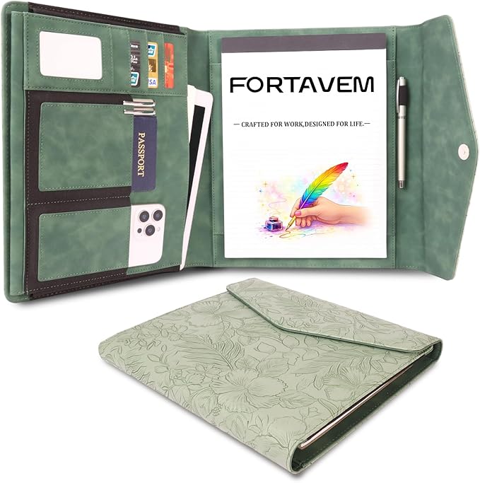 Embossed Professional Trifold Padfolio with Magnetic Closure – A4 Letter Portfolio Organizer for Business Meetings, Interviews & Presentations, Document Folder with Notepad Holder (Green)