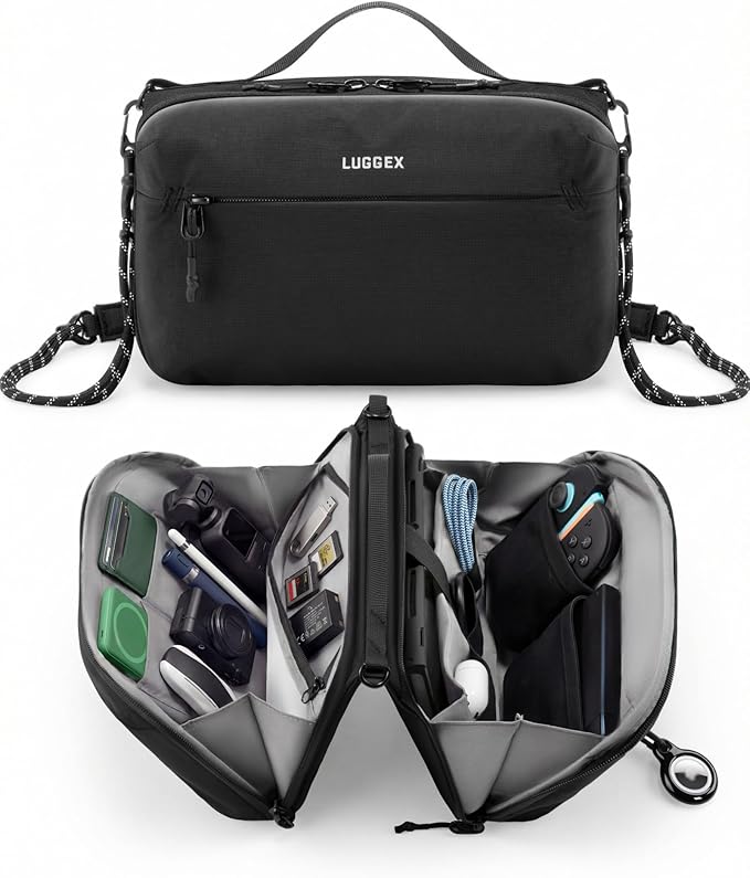 LUGGEX Large Tech Pouch, Cable Organizer Bag with Removable Crossbody Strap, Dual Accessories Bag & Water Resistant for Kindle, Chargers, Cord, Earphone for Travel Office All-in-One, Black CBX01