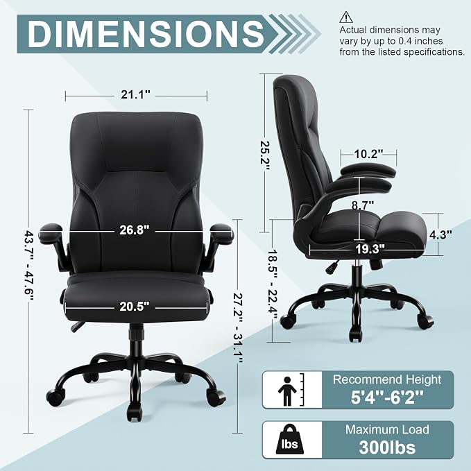 Executive Office Chair,High Back Ergonomic Comfy Desk Chair with Padded Flip-up Armrests and Wheels,PU Leather Heavy Duty Computer Swivel Rolling Task Chair for Home Office,Adults,Black