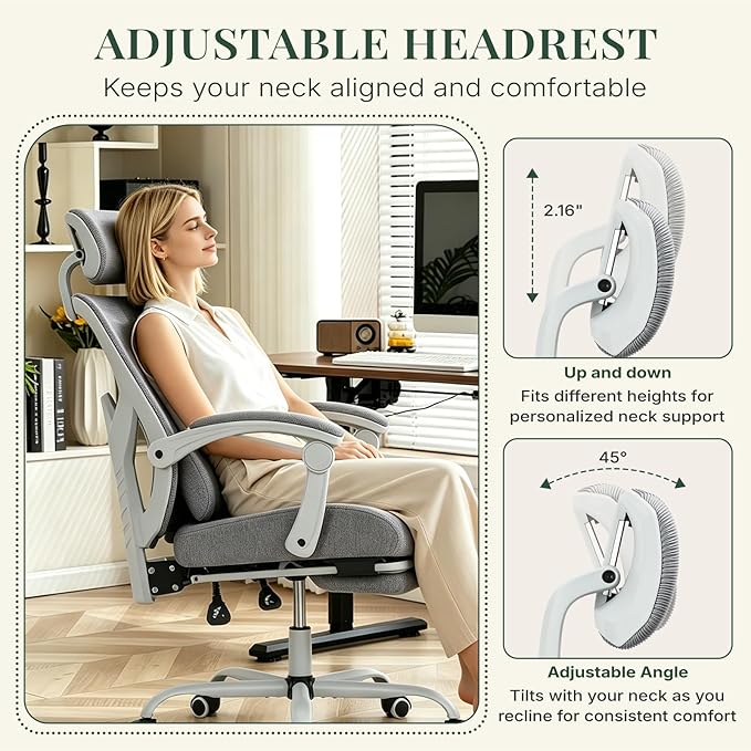Ergonomic Office Chair with Footrest, High Back Home Desk Chair with Lumbar Support & Headrest, 90-135° Reclining Mesh Back Computer Chair with Wheels for Work, Gaming, Grey