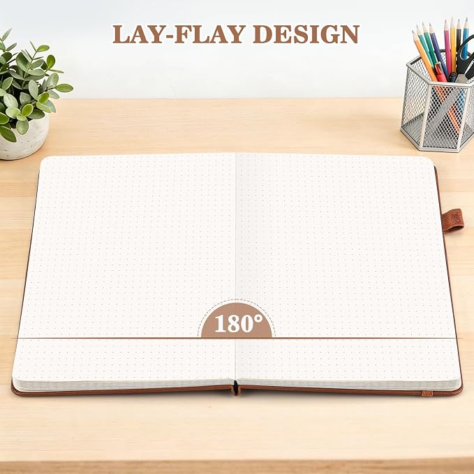 OMEYA Bullet Dotted Journal Notebook 4 Pack: 160 Pages Per Pack, A5 Medium Size(5.75" × 8.38"), 120 GSM Thick Paper, Leather Dotted Notebook, Hardcover Dot Grid Notebook, Dot Journal for Wrting, Gift