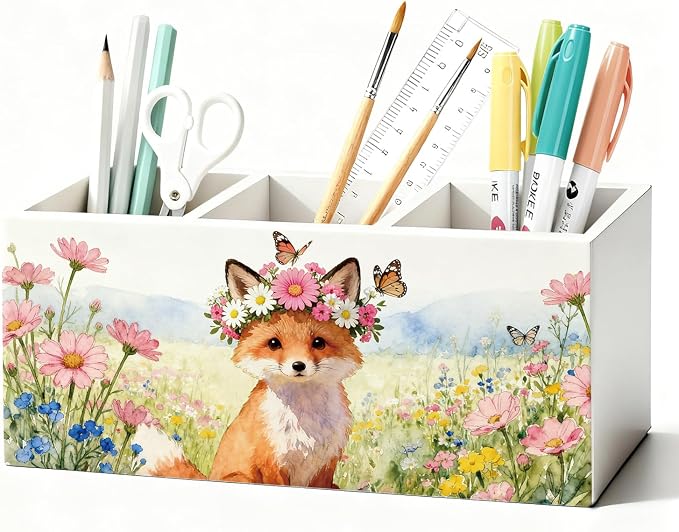 Fox Pen Pencil Holder for Desk Accessories, Fox Gifts for Women, Animal Lovers Gifts, Rustic Butterfly Flower Wild Animal Wooden Box Sign Decorations for Kids Room Home Office Desk Tabletop