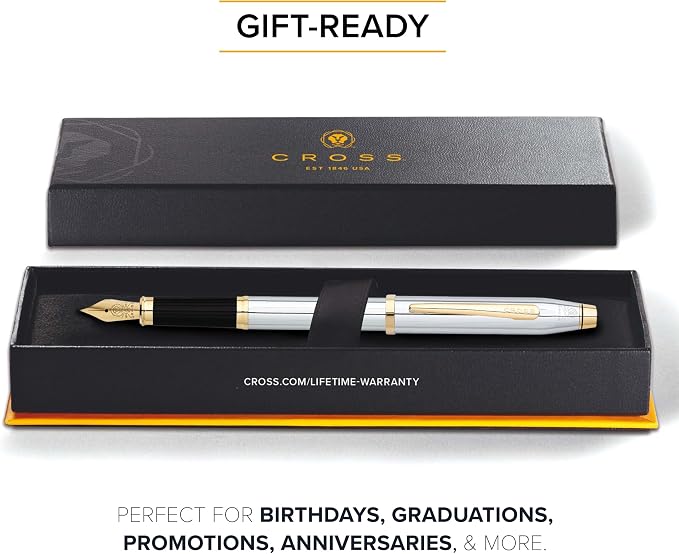 Cross Century II Refillable Fountain Pen, Fine Nib, Includes Premium Gift Box - Medalist Chrome