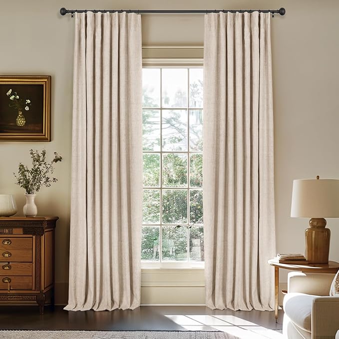 INOVADAY 100% Blackout Curtains for Bedroom, Oatmeal Black Out Curtains 108 Inch Long, Clip Rings Linen Blackout Drapes, Thermal Insulated Room Darkening for Living Room, 2 Panels - W50xL108