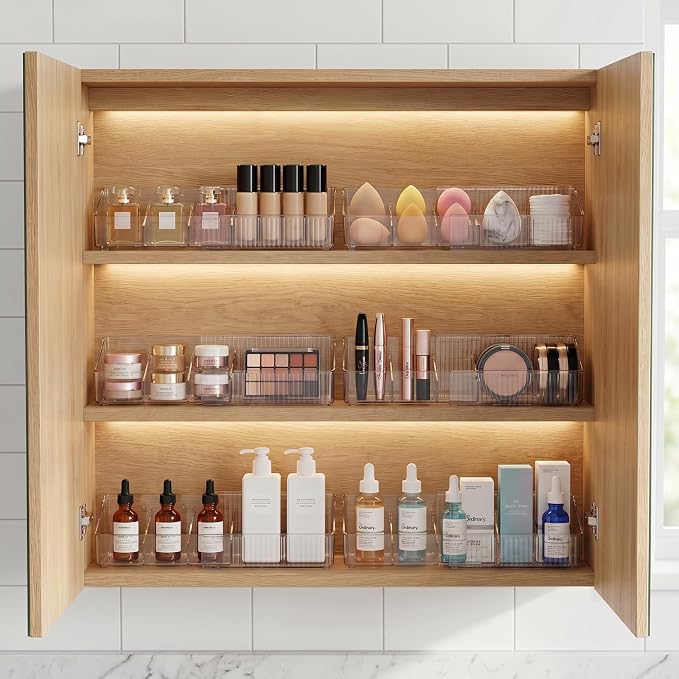 JessLab Expandable Mirror Cabinet Organizer, Clear Adjustable Makeup Bin with Dividers, Skincare Storage, Cosmetic Display Case for Bathroom Vanity Drawer, 1 Pack