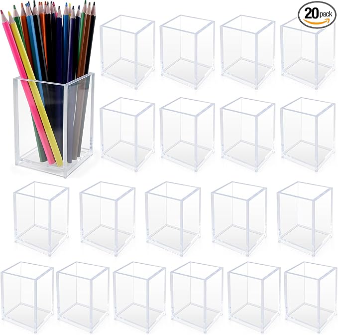 20 Pack Clear Acrylic Pen Holders, Bulk Pencil Cup Desk Organizers | Bulk Clear Cups For Classrooms, Offices, Makeup Brushes, Stationery, Teachers And Shared Workspaces