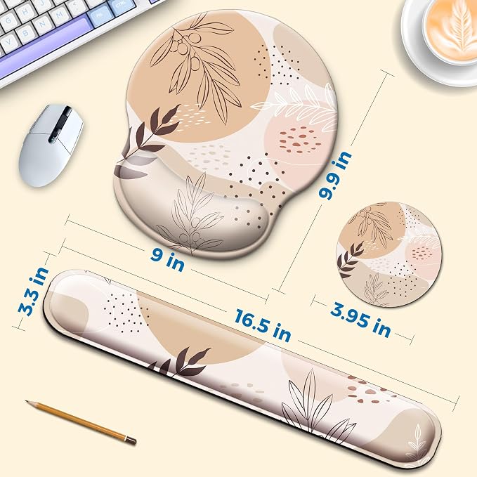 Mouse Pad and Keyboard Wrist Rest Support, with Non-Slip PU Base,Gel Mouse Pad with Coaster,Pain Relief for Gaming, Computer,Office -Boho Leaves