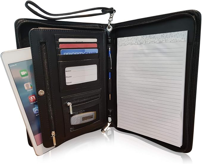 Zippered Portfolio Binder with Junior Legal 5x8 Notepad - Matt Black PU Faux Leather Business Padfolio Organizer Folder with 8 Inch Tablet Sleeve & Gift Box by Lautus Designs