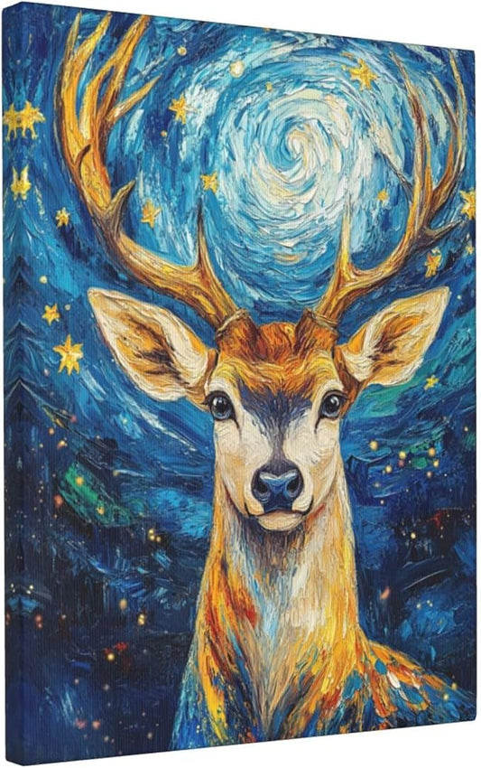 Deer Starry Night Canvas Wall Art Animal Pictures for Kitchen Living Room Bedroom Bathroom Office,Deer Abstract Print Elk Painting Home Modern Art Work Framed Wall Art Decor 24" x 20"