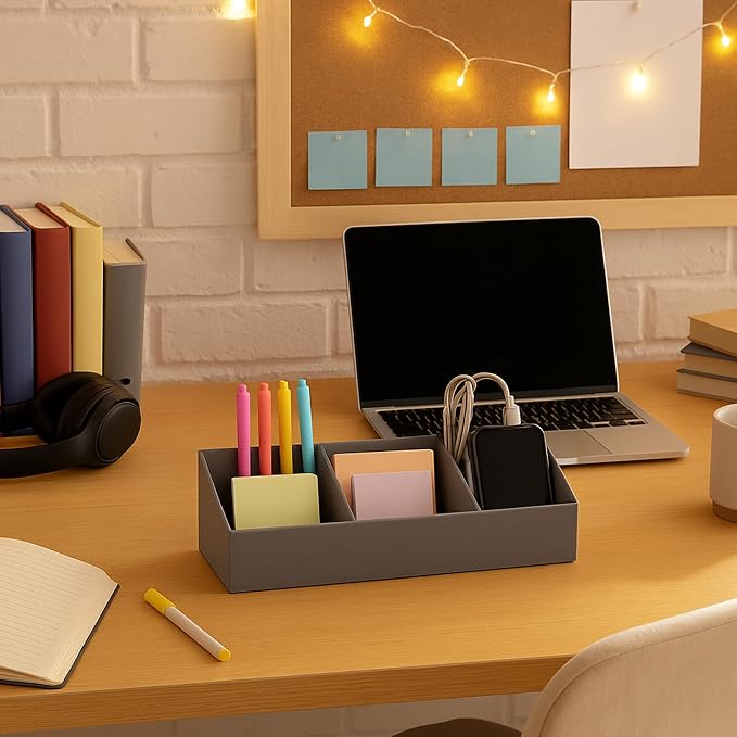 Bigso Elisa Desktop Organizer, Durable Office Desk Organizer for Office Supplies and Accessories, Desk Organizer with 7 Compartments for Customizable Organization,13.1”x4.9”x4.9”, Grey