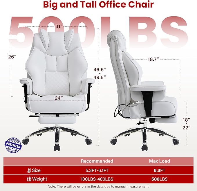Clome 500lbs Big and Tall Office Chair Adjustable Lumbar Support for Back Pain, Extra Wide Seat Executive Office Chair Thick Armrest Pad, Heavy Duty Base Ergonomic Computer Desk Chair