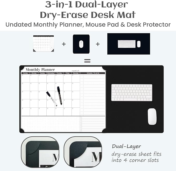 Multi-Functional Dual-Layer Dry Erase Desk Mat, Dry Erase Calendar for Desk - Erasable Desktop Writing Board with Calendar - Non-Slip Faux Leather Desk Protector for Home&Office - 16"x34" Black