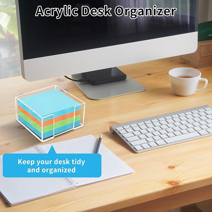Acrylic Sticky Note Holder, 3 x 3 Inch Post It Note Holde | Clear Cute Post It Note Dispenser, Thick Notepad Holder, Acrylic Desk Organizer for Office, Home, Dorm, Classroom Desk