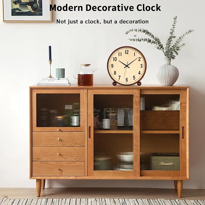 Maxspace Wooden Table Clock,8in Silent Non-Ticking Desk Clock,Battery Operated Desktop Analog Clock for Living Room Bedroom Kitchen Office Classroom Decor (Walnut)