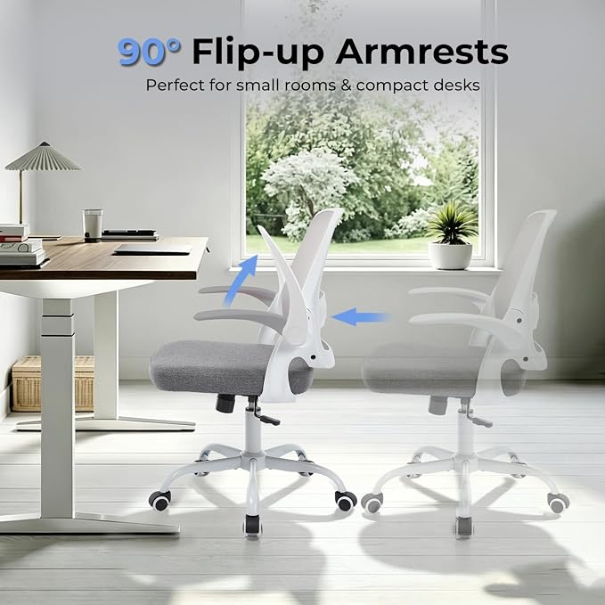 Ergonomic Mesh Office Chair for Home Office, Flip-Up Arms, Breathable Mesh Back & Thick Seat Cushion, Swivel Rolling Computer Desk Chair – BIFMA Certified, Supports 300 lbs (White Frame/Gray Seat)