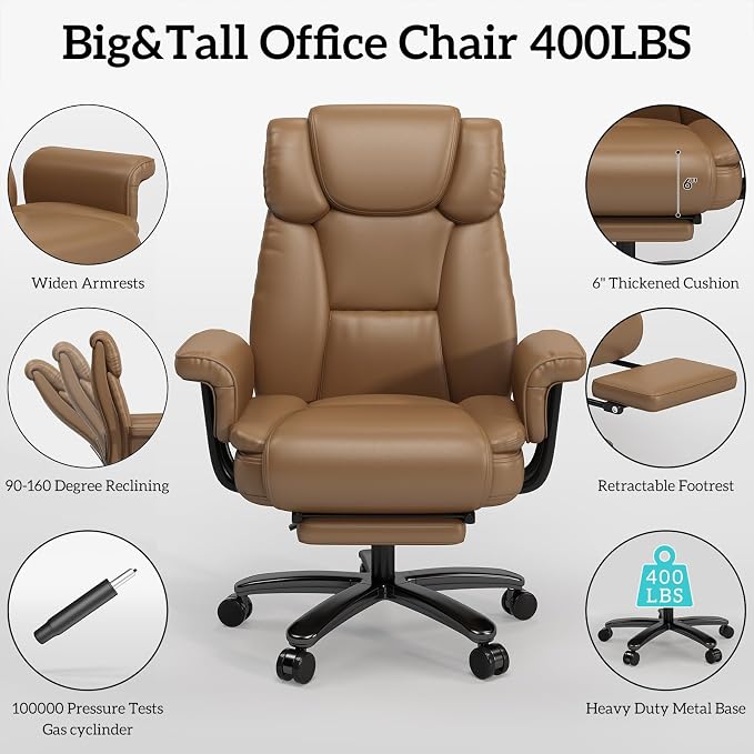 GYI 160 Reclining Office Chair with Footrest, Big & Tall Desk Chair, Brown | Cross Legged Seat, High Back, Faux Leather, Heavy Duty Base, Adjustable Height, for Home, Executive