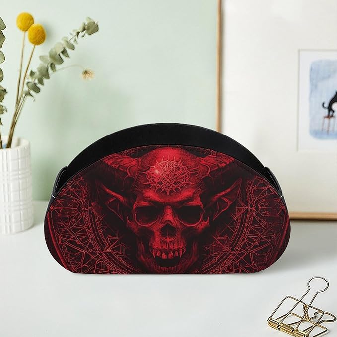 Demon Skull And Horns Remote Organizer Caddy for Table Remote Control Holder Leather TV Remotes Holder with 5 Compartments Remotes Caddy Media Storage Box for Desktop Organization