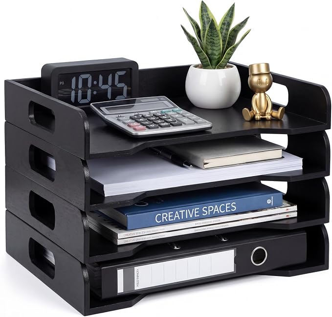 Wooden Stackable Paper Trays 4-tier Wooden Paper Organizer for Desk Letter Documents Woodens Desktop File Organizers for Desktop File Holder and Office Supplies Rack for Home Office Use (Black)