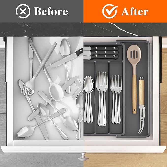 Lifewit Silverware Drawer Organizer, Expandable Utensil Tray for Kitchen, BPA Free Flatware and Cutlery Holder, Adjustable Plastic Storage for Spoons Forks Knives, 10.9"-17.5" x 13.7", Dark Grey