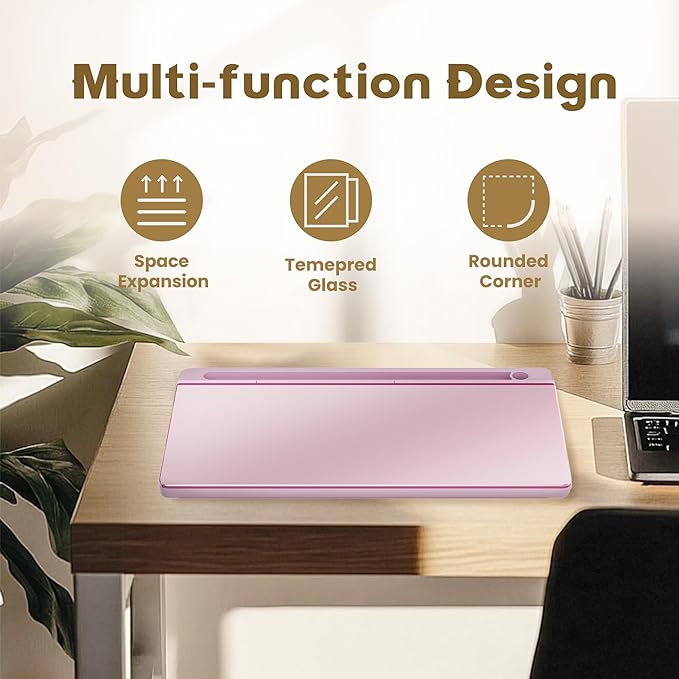 Glass Desktop Whiteboard, Dry Erase Board with Marker Holder, Computer Monitor Message Board and Desk Organizer for Home, Office and School Supplies (Pink)