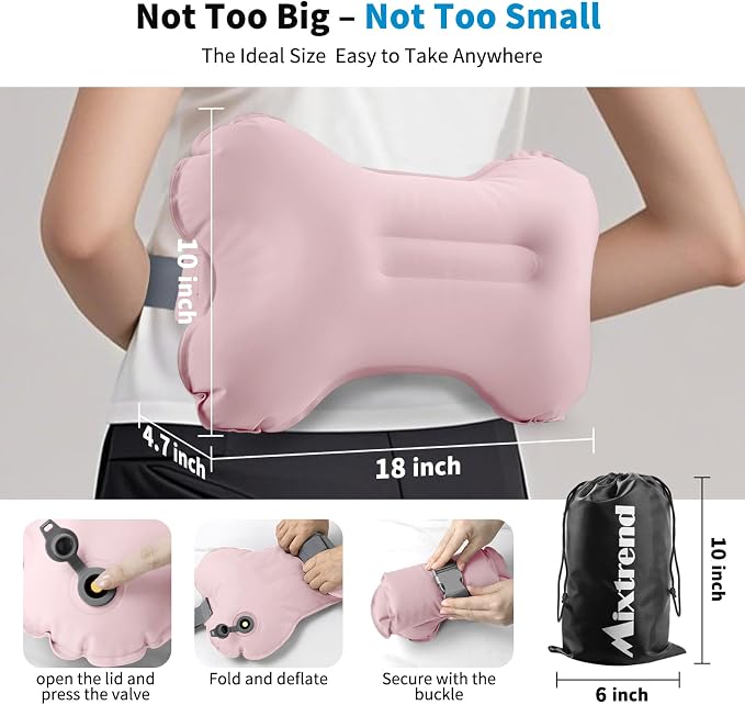 Mixtrend Travel Lumbar Pillow – Inflatable Memory Foam Back Support Cushion for Airplane, Car, Office Chair, Long Flight – Ergonomic Pain Relief for Women, Men & Kids（Blush Pink）