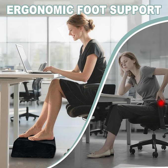 3 Adjustable Heights Foot Rest for Under Desk at Work - Ergonomic High Density Foam Footrest with Washable Cover, Foot Stools for Office, Home, Gaming (Black)