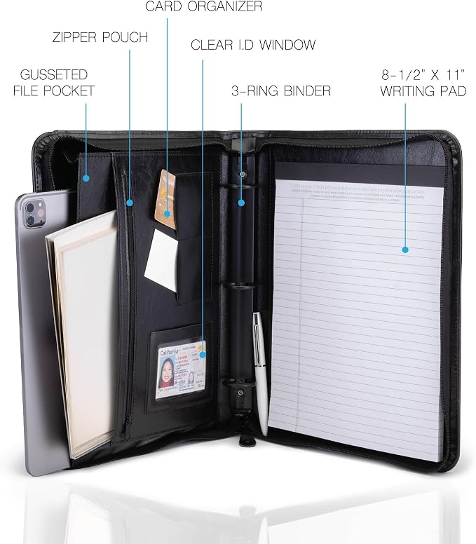 Travigo 3-Ring Zipper Portfolio Binder | 1.25" Faux Leather Padfolio with Zipper for Women & Men | Professional Business Portfolio Folder with Writing Pad, Gusseted File Pocket, ID Window (Black)