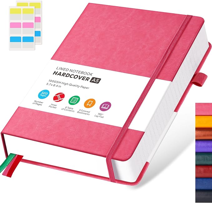FOCUS DAY Lined Journal Notebook for Women/Men Writing Work, 320 Pages Hardcover Pink Leather Daily Diary Journals Note book College Ruled for Note Taking, A5 (5.7'' X 8.4'')