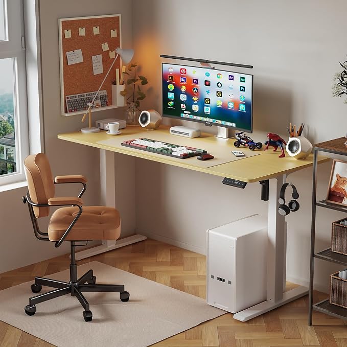 WALKINGDESK 40x24 Inches Height Adjustable Electric Standing Desk with 2 Hooks for Home Office, Ergonomic Sit Stand up Desk with Splice Board, Oak