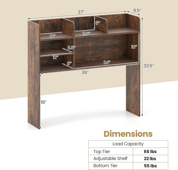 Tangkula Desktop Bookshelf for Computer Up to 32”, 37” Countertop Storage Hutch with 6 Storage Shelves, 3-Tier Desktop Organizer Display Rack, Wooden Desk Hutch for Dorm Home Office (Rustic Brown)