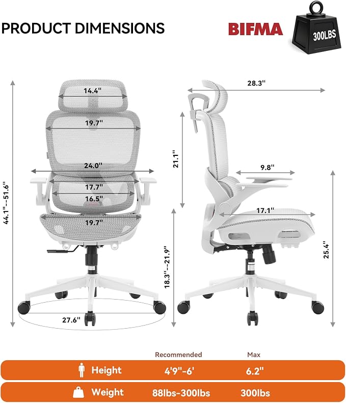 SIHOO B100 Office Chair, Comfy Ergonomic Office Chair, High Back Computer Chair with Adaptive Lumbar Support & wide Headrest, Flip-up Armrests, Swivel Desk Chair for Long Hours, WITHOUT Footrest, Grey