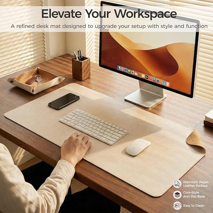 Premium Faux Leather Desk Mat & Tray Set，Innovative Cork-Look Printed Base，Gift Tube Packaging，Full-Desk Coverage，Non-Slip Desk Pad for Office Home（Ivory White）