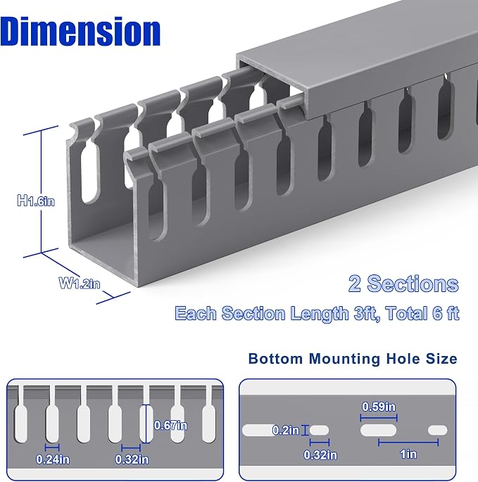 1.6" H x 1.2" W Cable Raceway, 6ft Under Desk Wire Management Channel, Grey | Slotted Wire Duct, 2 Pack (3 ft Each), Heavy-Duty PVC Cable Management for Server Racks, Network Cables & Electrical Cabinets