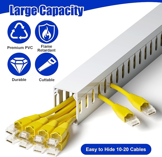 1.6"H x 1.2"W Cable Raceway, 99in Under Desk Wire Management Channel, White | Slotted Wire Duct, 6Pack, 16.5in Each, Heavy-Duty PVC Cable Management for Server Racks, Network Cables & Electrical Cabinets