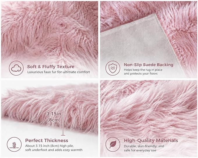 EasyJoy Faux Sheepskin Rug, Fluffy Faux Fur Rug, Ultra Soft Shag Area Rug with Non-Slip Backing for Bedroom, Living Room, Nursery, Kids Room(2 x 4 ft Sheepskin, Frosted Bottom Pink)