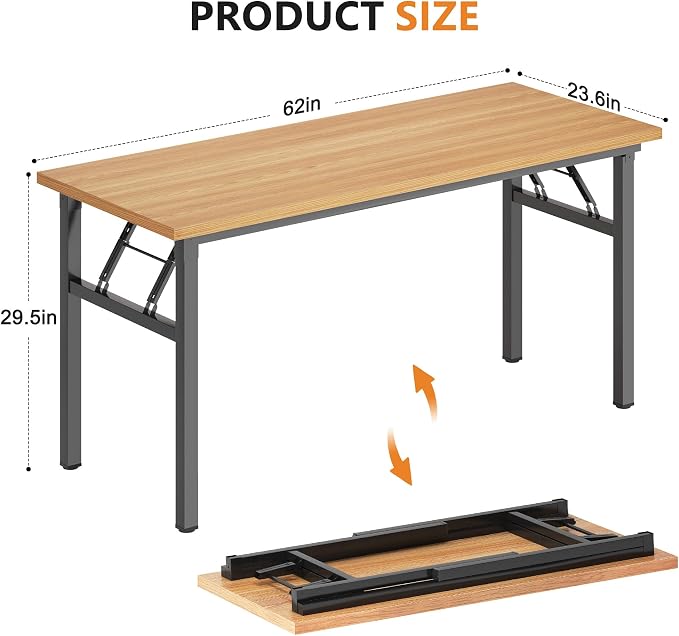 sogesfurniture 62 inches Foldable Computer Desk, No Assembly Sturdy Large Laptop Workstation for Home Office, Modern Portable Folding Study Table Writing Gaming Desk for Small Spaces, Teak Black
