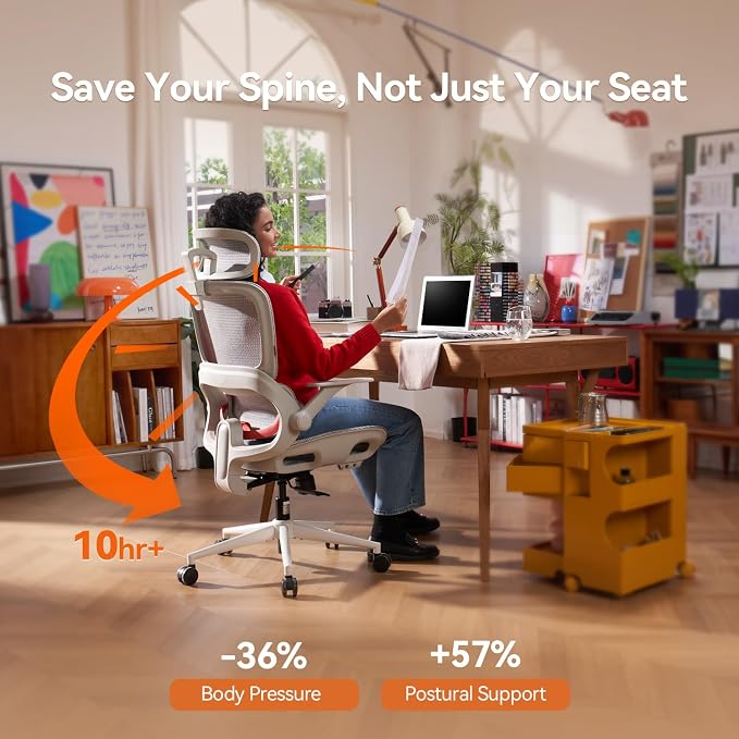 SIHOO B100 Office Chair, Comfy Ergonomic Office Chair, High Back Computer Chair with Adaptive Lumbar Support & Wide Headrest, Flip-up Armrests, Swivel Desk Chair, 2 Packs, Grey