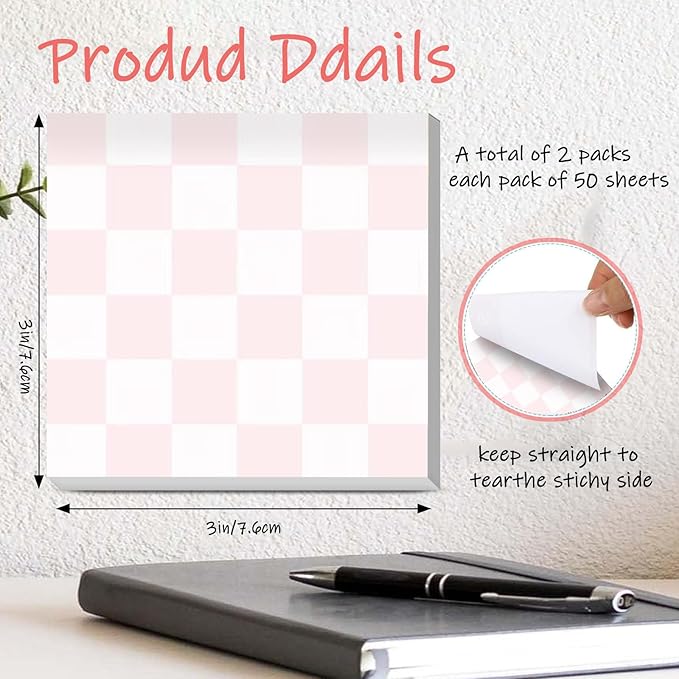 Sticky Notes 3x3 Inches, 2 Pads Cute Colorful Self-Stick Note Pads, Easy to Post for Home, Office and Daily Life Organization Cute Pink Checkers