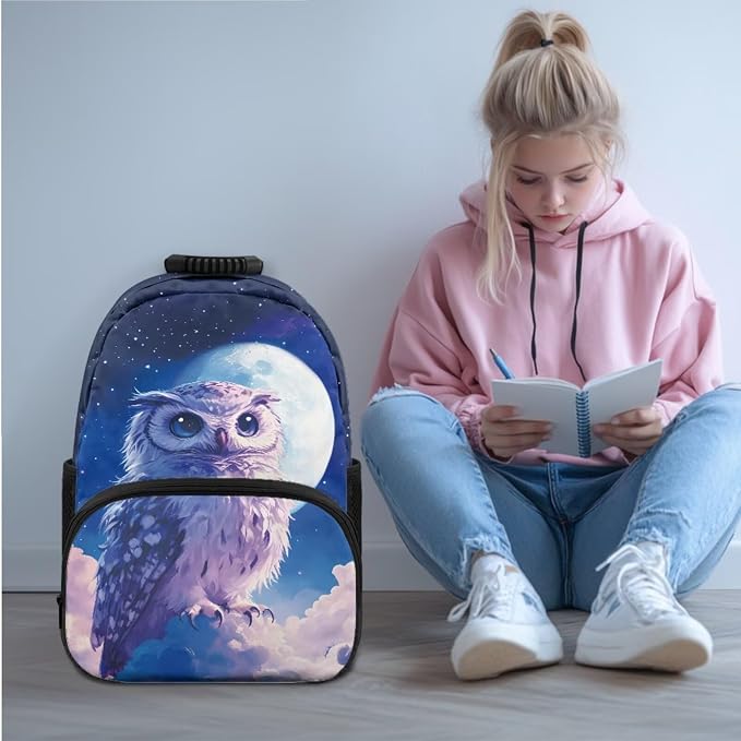 Ystardream 3D Owl Backpack with Lunch Box for Kids Girls Large Capacity School Back Pack Elementary Primary School Bag with Adjustable Straps 4pcs Bookbag Sets for Student Easy to Carry