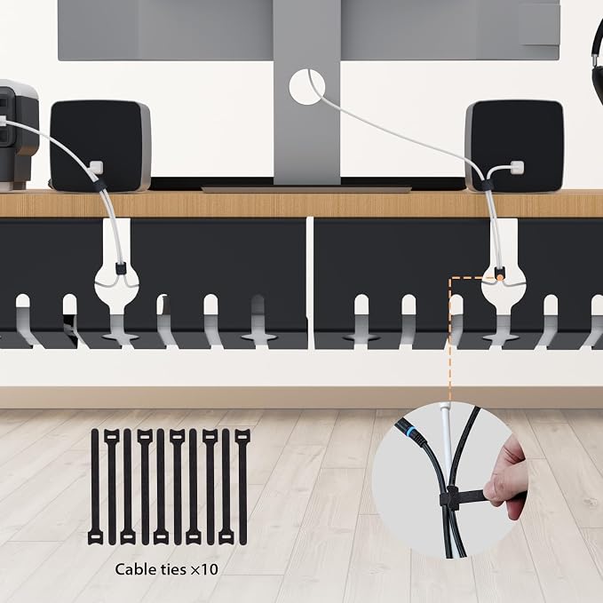 Syeeiex Under Desk Cable Management, Cord Management, Black, 17inch, 2 Set | No-Drill C-Clamp and Screw Mount, Metal Desk Wire Organizer for Office Home Workspace, Cord Organizer with 10 Cable Ties