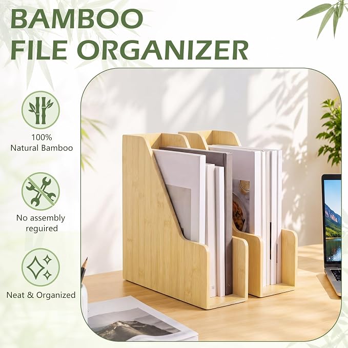Novabright 2 Pack Bamboo Vertical Magazine File Holder, Desk Holder ＆ Storage Bins Holding for Magazines, Binders, Notebooks, Envelopes, Folders, Multi-purpose Wood Document Organizer for Home Office