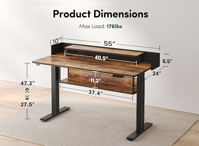 FEZIBO 55" Electric Standing Desk with Shelves, 55x24 Inches Sit Stand Rising Computer Desk with Monitor Shelf, Home Office Desks with Hook, Adjustable Height Stand Up Workstation Table, Rustic Brown