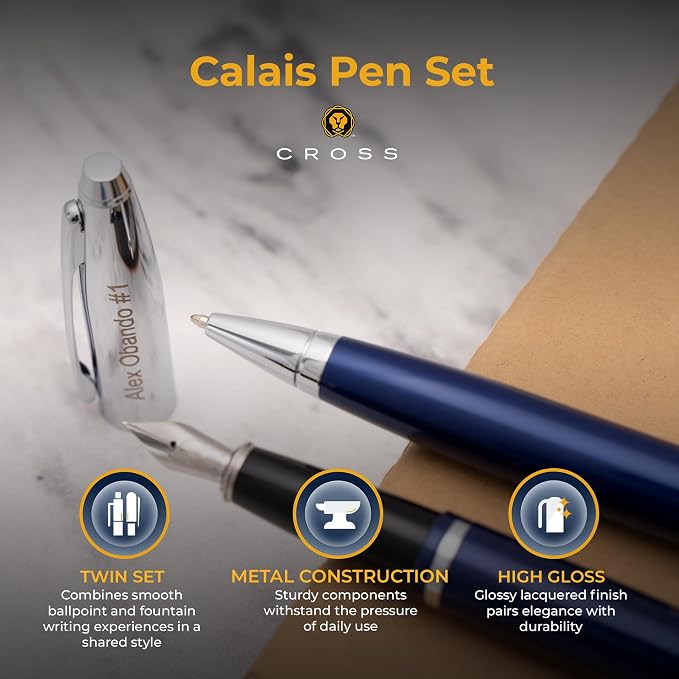 Cross Calais Engraved Ballpoint and Fountain Pen Set, Blue Lacquer with Chrome, Art Deco Design, Matching Engraving on Both Pens, Gift for Graduation, Writers, Career Advancement, Cross Gift Box
