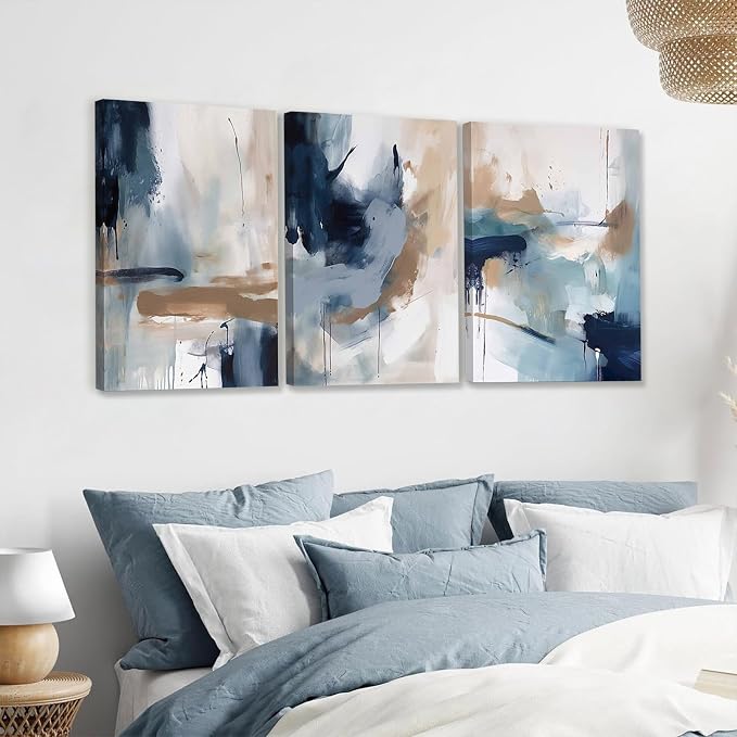 KBKBART 3 Piece Blue Abstract Framed Wall Art For Living Room, Watercolor Ink Navy Blue Canvas Wall Art Modern Minimalist Art Prints Wall Décor For Bedroom Office 12x16in