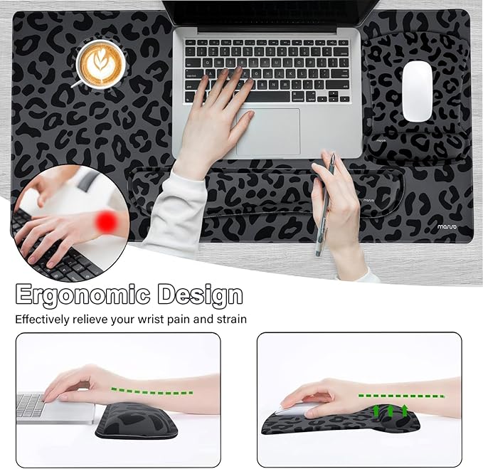 MOSISO Wrist Rest Support for Mouse Pad&Keyboard Set, Ergonomic Large Leopard Grain Desk Mat&Coaster Set, Non-Slip Mousepad&Pain Relief&Easy Typing Cushion with Memory Foam for Home Office, Black