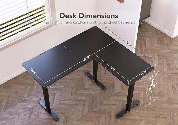 Claiks L Shaped Standing Desk Dual Motor 63x55 inch Adjustable Height Black | Height 28.5-47.2 inch, 220lbs capacity, sturdy steel frame, splice board included, ideal for home office corner